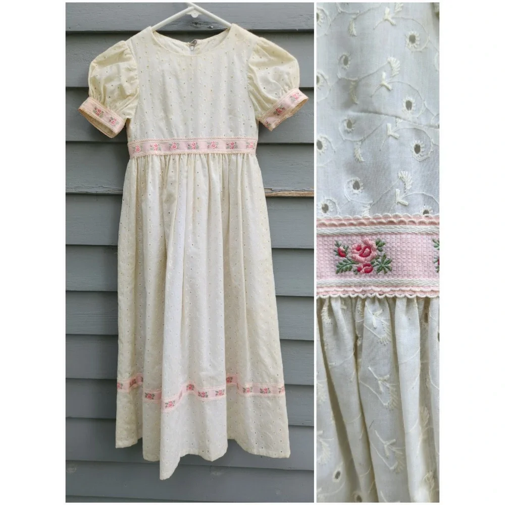 Vintage 70s Eyelet Lace Maxi Dress White Pink Floral Prairie Cottagecore Girl 10